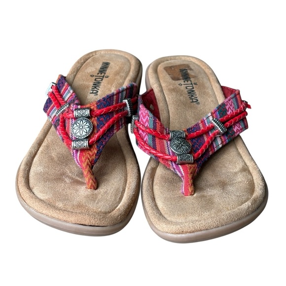 Minnetonka Silverthorne 360 Red Striped Womens Thong Sandals Size 6 Southwestern - Picture 4 of 10